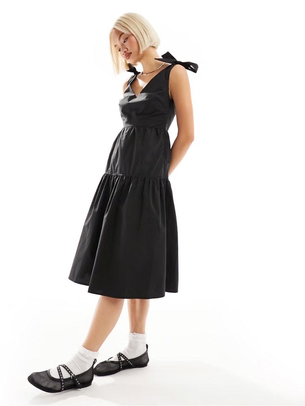 Black Tie-Shoulder V-Neck Midi Dress